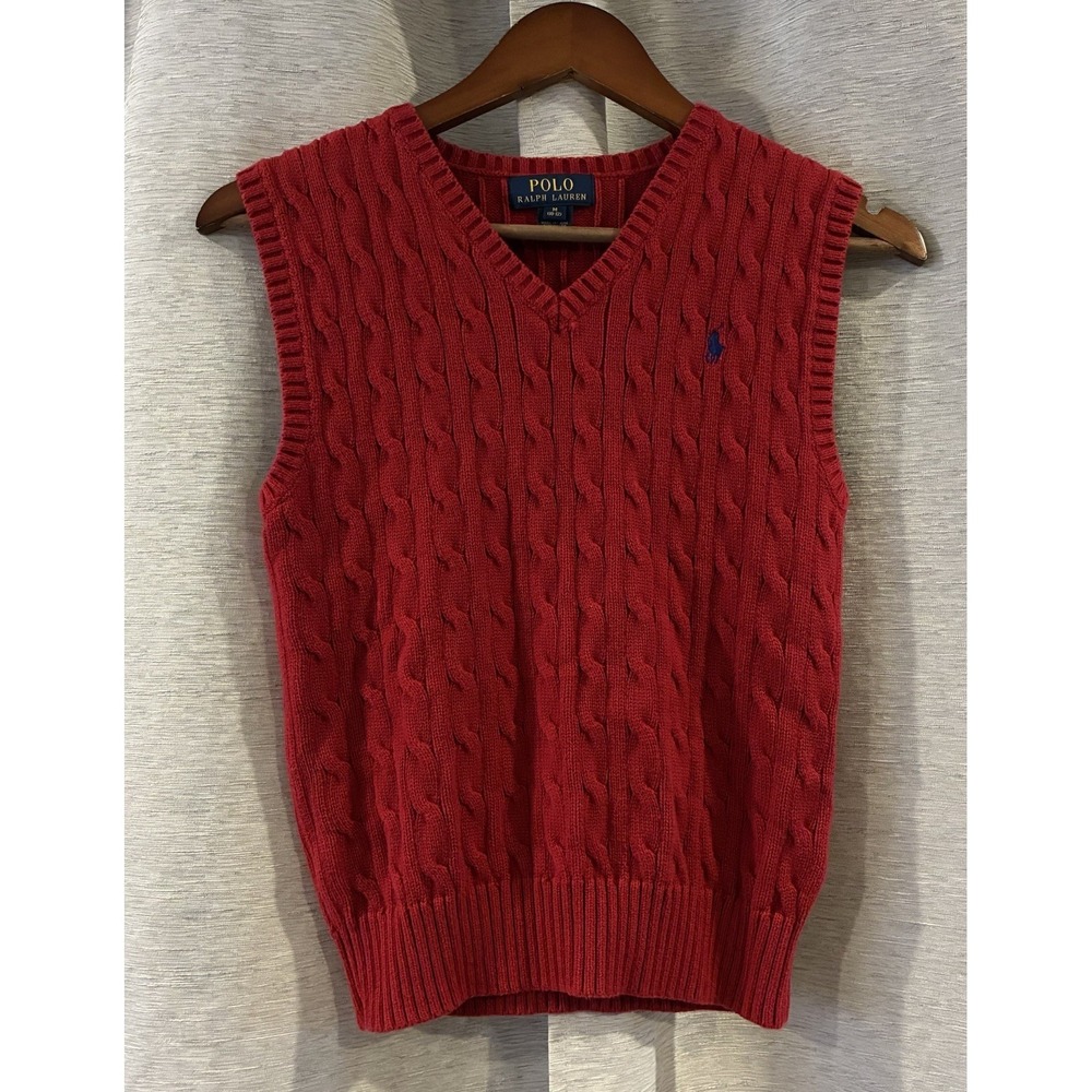 Polo Ralph Lauren Kids Red Cable Knit V Neck Sweater Vest Size M Cotton